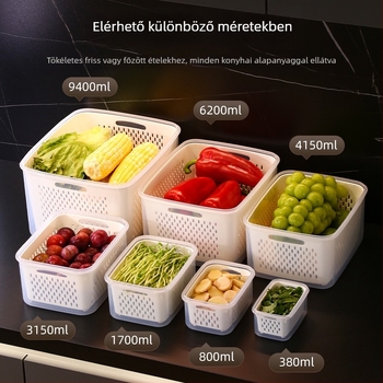 Hordozható téglalap alakú műanyag tároló doboz fedővel, mikrohullámú sütőben használható, kapacitások 0,3–5 L