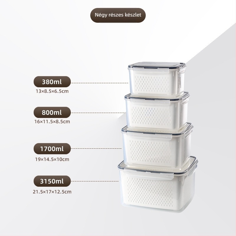 Hordozható téglalap alakú műanyag tároló doboz fedővel, mikrohullámú sütőben használható, kapacitások 0,3–5 L