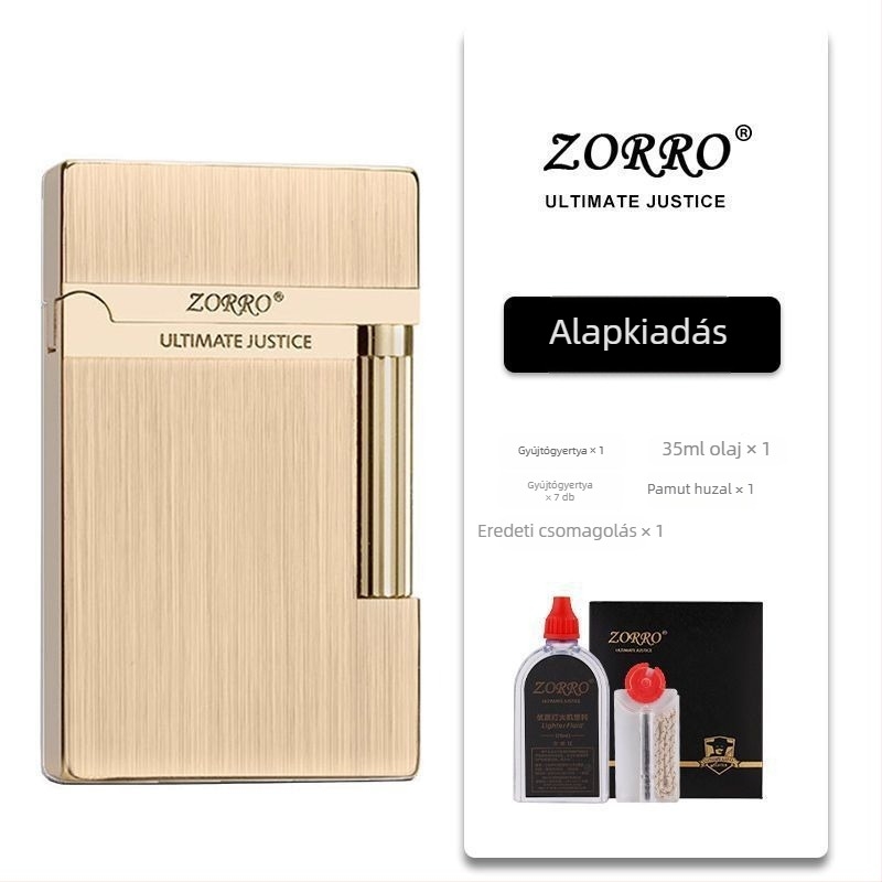 Fém öngyújtó kerozinnel, oldalsó csúszó dizájn; újrahasználható; nem szélálló; logó nyomtatása elérhető.