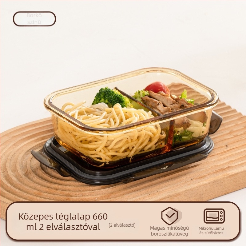 Üveges ebédes doboz (boroszilikát, szigetelt, mikrózható, 800–1000 ml, négyszögletes)