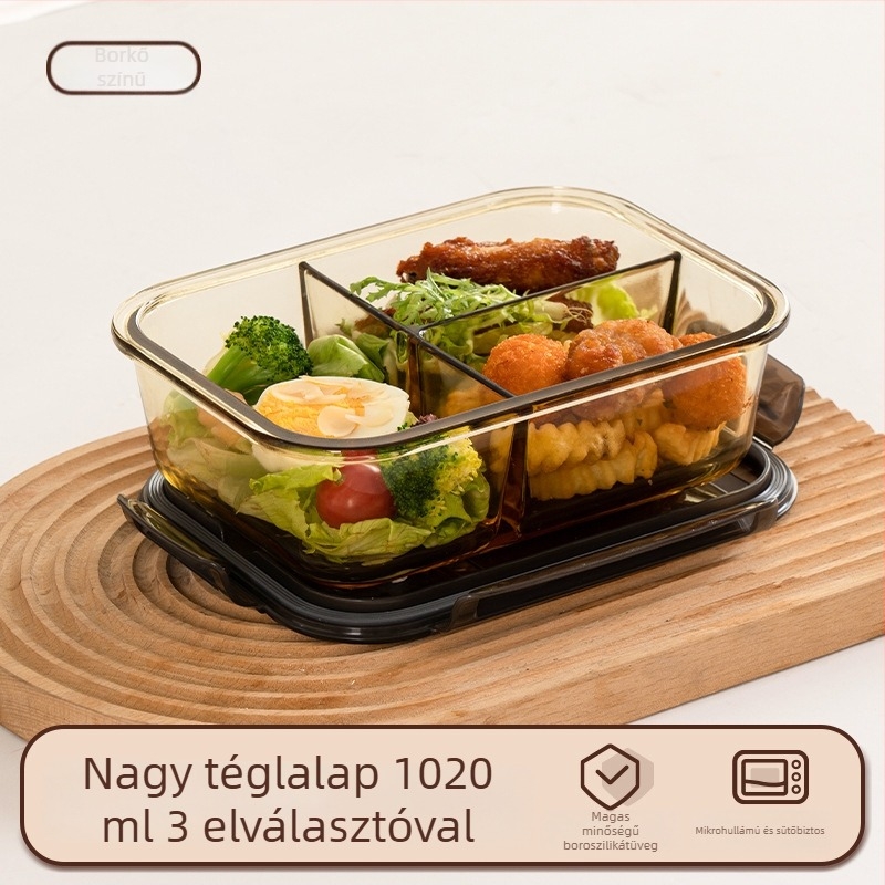 Üveges ebédes doboz (boroszilikát, szigetelt, mikrózható, 800–1000 ml, négyszögletes)