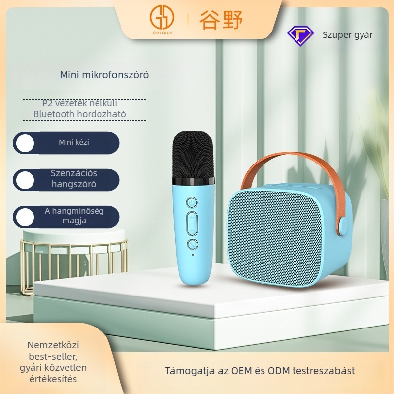 Hordozható mini vezeték nélküli mikrofon integrált Bluetooth hangszóróval kültéri karaokehoz és otthoni használatra — Bluetooth 5.3, beépített akkumulátor 1200–2000 mAh, frekvenciasáv 100 Hz–20 kHz, hatótáv 10 m, 6 W