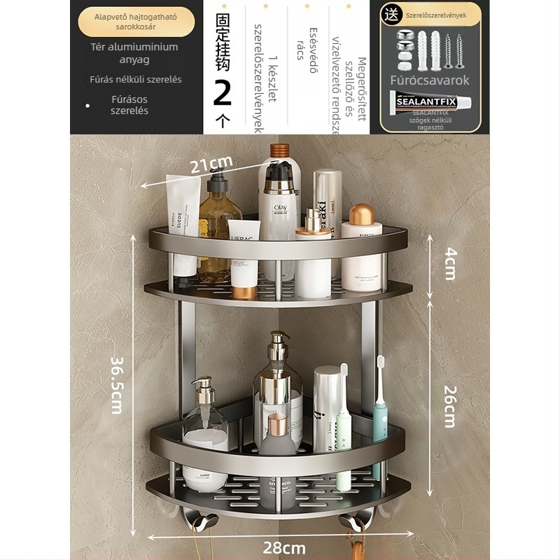 Űr-alumíniumból készült fürdőszobai sarok tároló, 3 polcos, ventilátorszerű sarok, anodizált felület, fúrás nélküli felszerelés