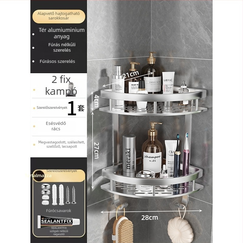 Űr-alumíniumból készült fürdőszobai sarok tároló, 3 polcos, ventilátorszerű sarok, anodizált felület, fúrás nélküli felszerelés