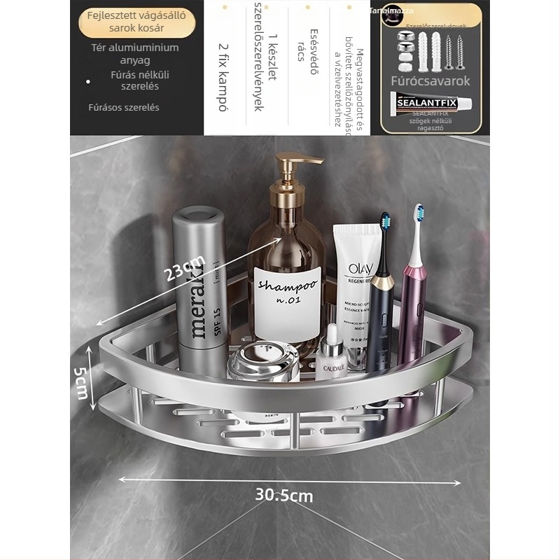 Űr-alumíniumból készült fürdőszobai sarok tároló, 3 polcos, ventilátorszerű sarok, anodizált felület, fúrás nélküli felszerelés