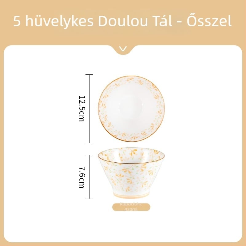 Japán stílusú kerámia rizstál, kör alakú, virágmintás alglazúros színnel, mikrohullámú sütőben használható