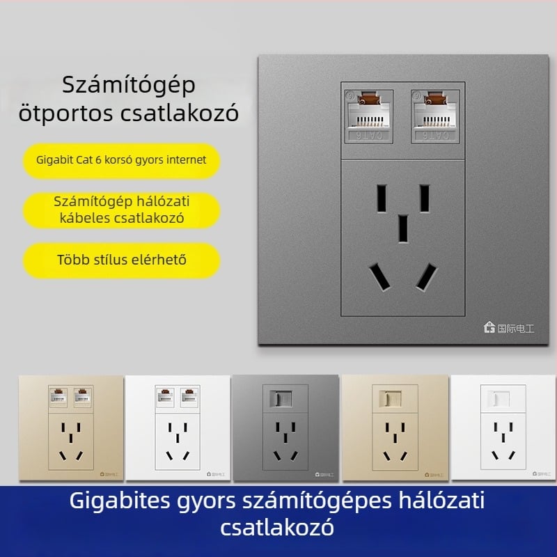Ötportos hálózati csatlakozó panel falra szerelhető, 10A, 128 sorozat, Új Nemzeti Szabvány