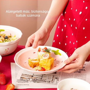 Eper mintás porcelán tál- és tálkák készlet, kör alakú forma, mikrohullámú sütőben használható, aláglazúros felület