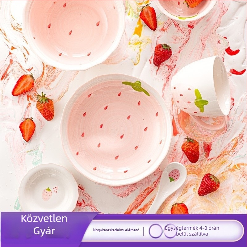 Eper mintás porcelán tál- és tálkák készlet, kör alakú forma, mikrohullámú sütőben használható, aláglazúros felület