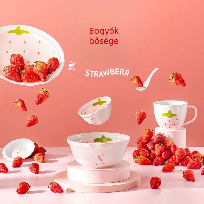 Eper mintás porcelán tál- és tálkák készlet, kör alakú forma, mikrohullámú sütőben használható, aláglazúros felület