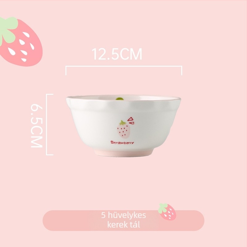 Eper mintás porcelán tál- és tálkák készlet, kör alakú forma, mikrohullámú sütőben használható, aláglazúros felület