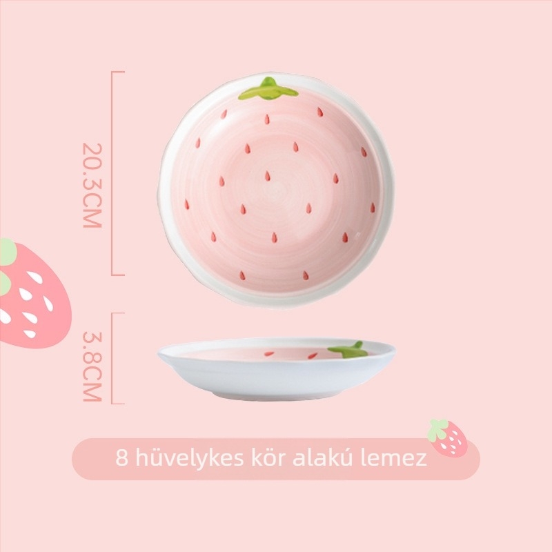Eper mintás porcelán tál- és tálkák készlet, kör alakú forma, mikrohullámú sütőben használható, aláglazúros felület