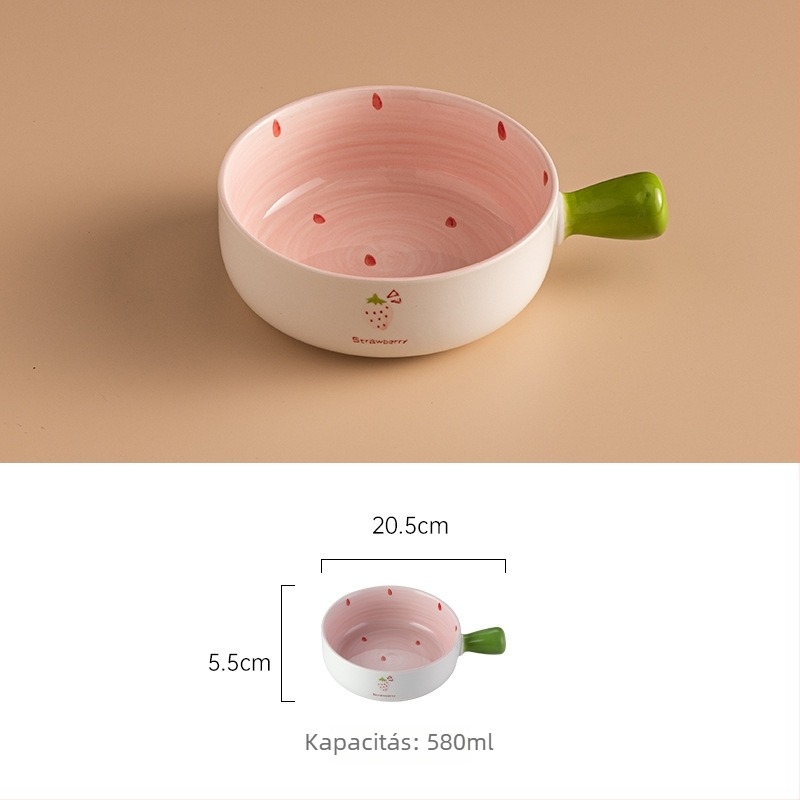 Eper mintás porcelán tál- és tálkák készlet, kör alakú forma, mikrohullámú sütőben használható, aláglazúros felület