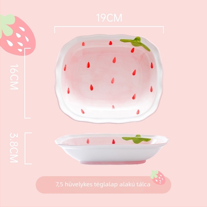 Eper mintás porcelán tál- és tálkák készlet, kör alakú forma, mikrohullámú sütőben használható, aláglazúros felület