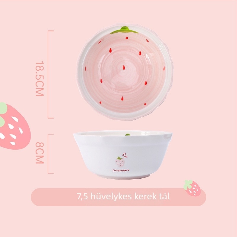 Eper mintás porcelán tál- és tálkák készlet, kör alakú forma, mikrohullámú sütőben használható, aláglazúros felület