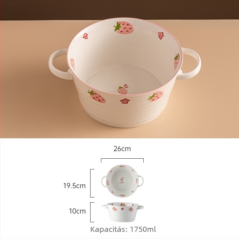 Eper mintás porcelán tál- és tálkák készlet, kör alakú forma, mikrohullámú sütőben használható, aláglazúros felület