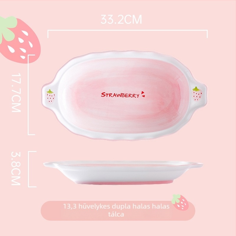 Eper mintás porcelán tál- és tálkák készlet, kör alakú forma, mikrohullámú sütőben használható, aláglazúros felület