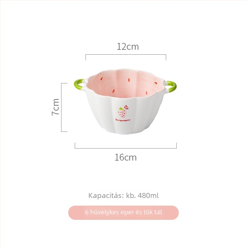 Eper mintás porcelán tál- és tálkák készlet, kör alakú forma, mikrohullámú sütőben használható, aláglazúros felület