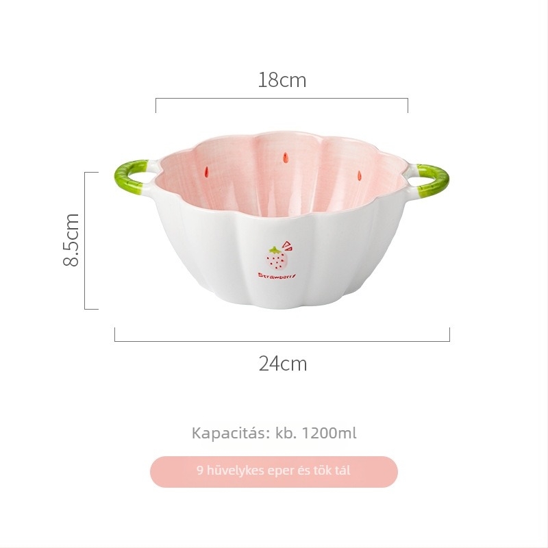 Eper mintás porcelán tál- és tálkák készlet, kör alakú forma, mikrohullámú sütőben használható, aláglazúros felület