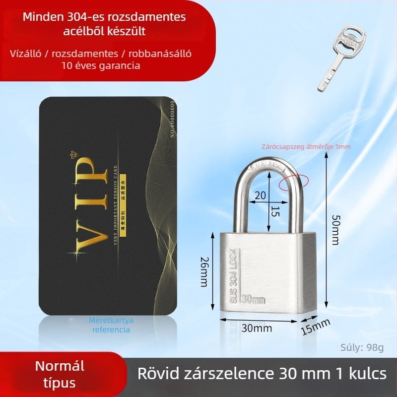 Huari 304 rozsdamentes acél lakat | Straight-Open típusú lakat | Lopás elleni védelem; Vízálló; Rozsdamentes; Időjárásálló