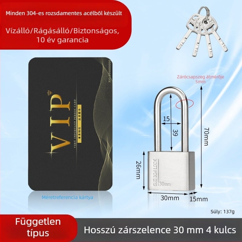 Huari 304 rozsdamentes acél lakat | Straight-Open típusú lakat | Lopás elleni védelem; Vízálló; Rozsdamentes; Időjárásálló