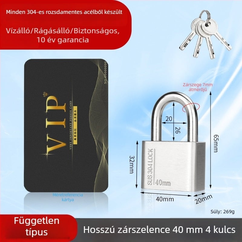 Huari 304 rozsdamentes acél lakat | Straight-Open típusú lakat | Lopás elleni védelem; Vízálló; Rozsdamentes; Időjárásálló