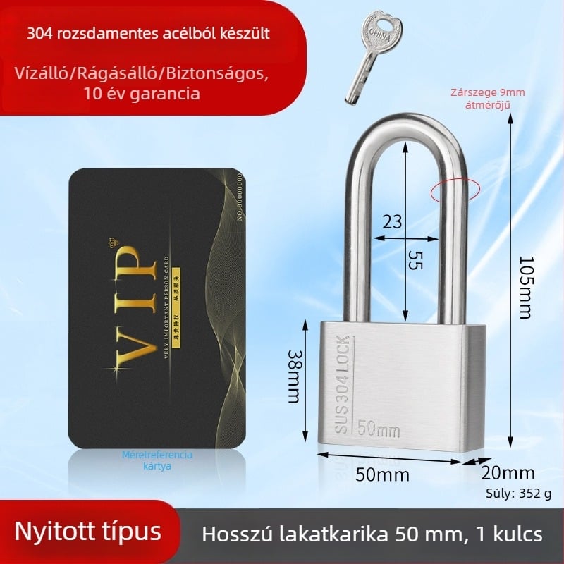 Huari 304 rozsdamentes acél lakat | Straight-Open típusú lakat | Lopás elleni védelem; Vízálló; Rozsdamentes; Időjárásálló