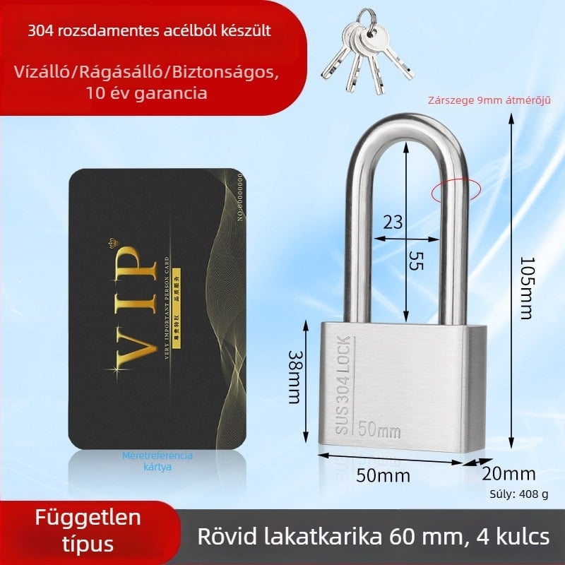 Huari 304 rozsdamentes acél lakat | Straight-Open típusú lakat | Lopás elleni védelem; Vízálló; Rozsdamentes; Időjárásálló