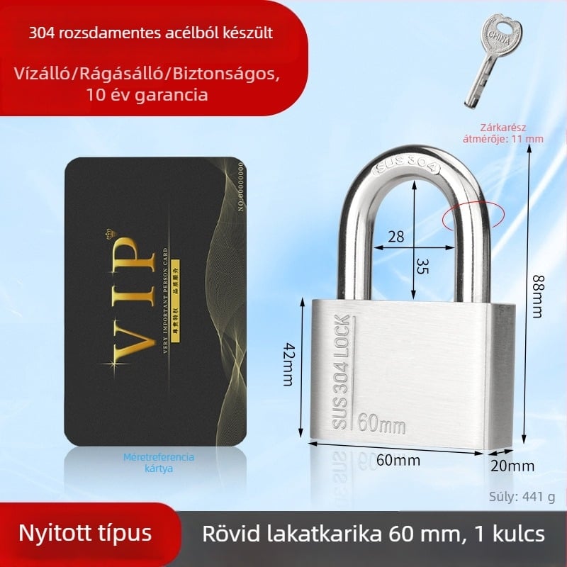 Huari 304 rozsdamentes acél lakat | Straight-Open típusú lakat | Lopás elleni védelem; Vízálló; Rozsdamentes; Időjárásálló