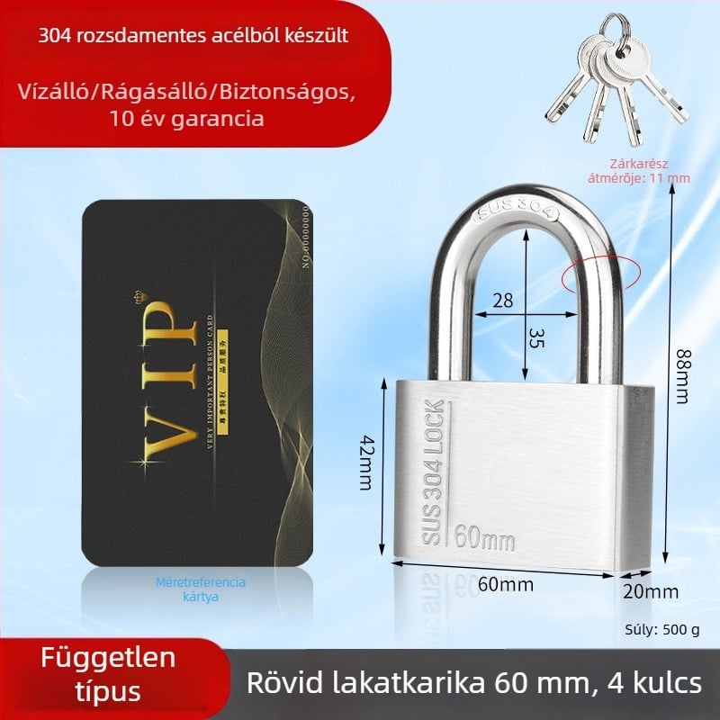 Huari 304 rozsdamentes acél lakat | Straight-Open típusú lakat | Lopás elleni védelem; Vízálló; Rozsdamentes; Időjárásálló