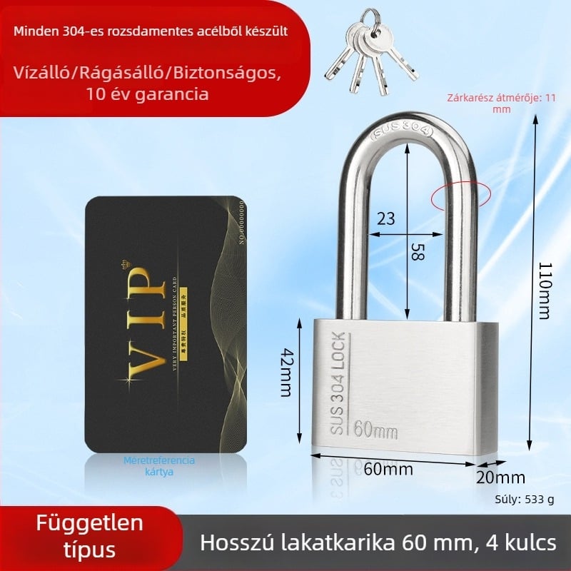 Huari 304 rozsdamentes acél lakat | Straight-Open típusú lakat | Lopás elleni védelem; Vízálló; Rozsdamentes; Időjárásálló