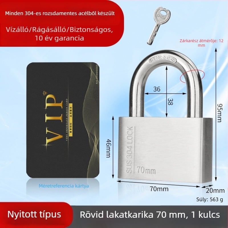 Huari 304 rozsdamentes acél lakat | Straight-Open típusú lakat | Lopás elleni védelem; Vízálló; Rozsdamentes; Időjárásálló