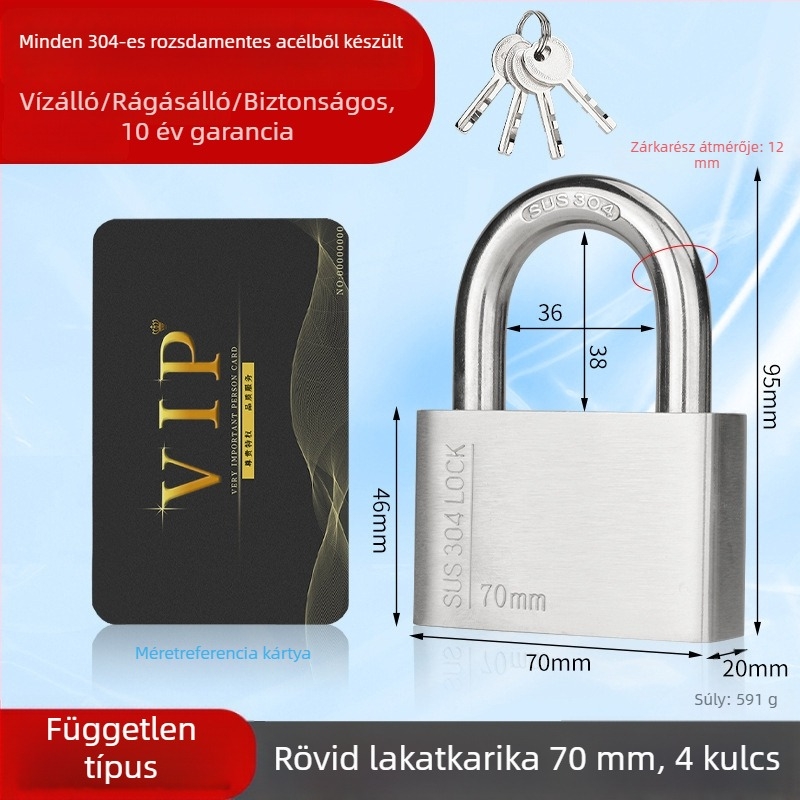 Huari 304 rozsdamentes acél lakat | Straight-Open típusú lakat | Lopás elleni védelem; Vízálló; Rozsdamentes; Időjárásálló