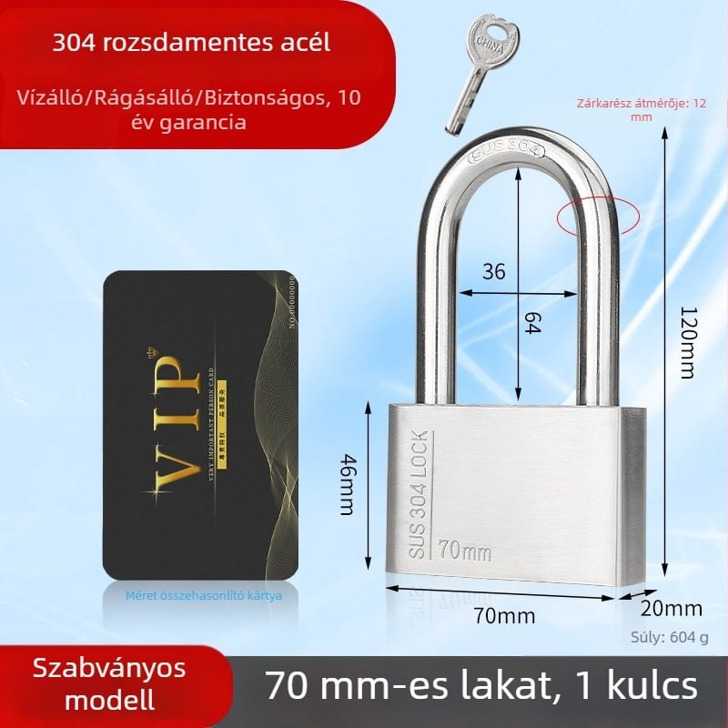 Huari 304 rozsdamentes acél lakat | Straight-Open típusú lakat | Lopás elleni védelem; Vízálló; Rozsdamentes; Időjárásálló