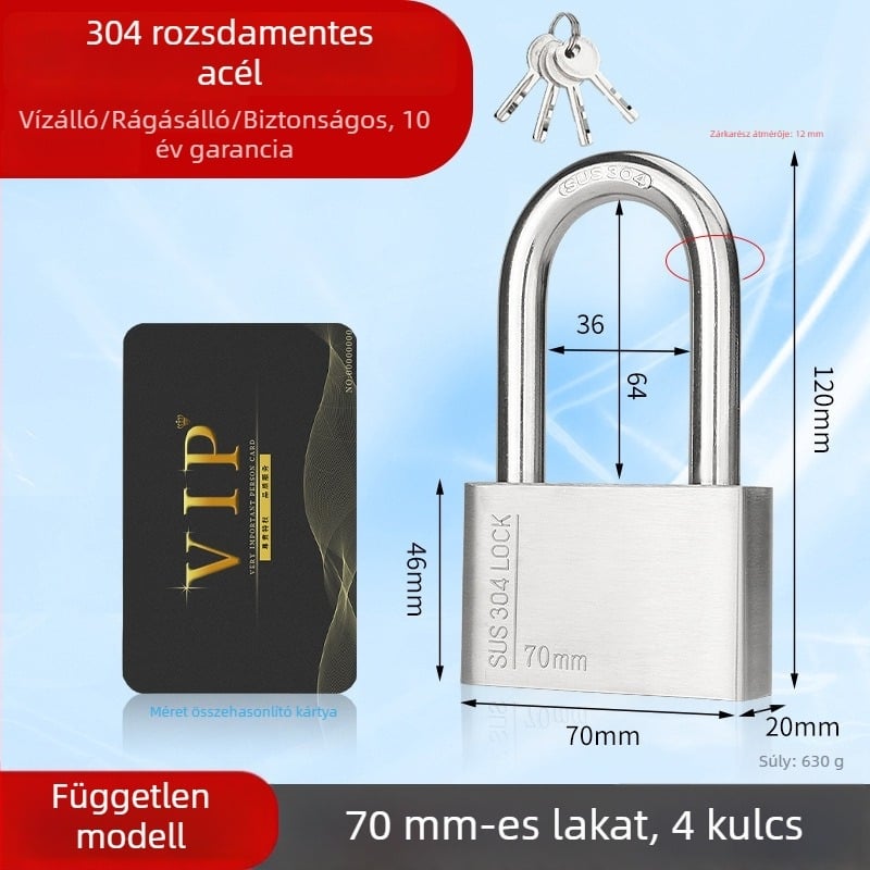 Huari 304 rozsdamentes acél lakat | Straight-Open típusú lakat | Lopás elleni védelem; Vízálló; Rozsdamentes; Időjárásálló