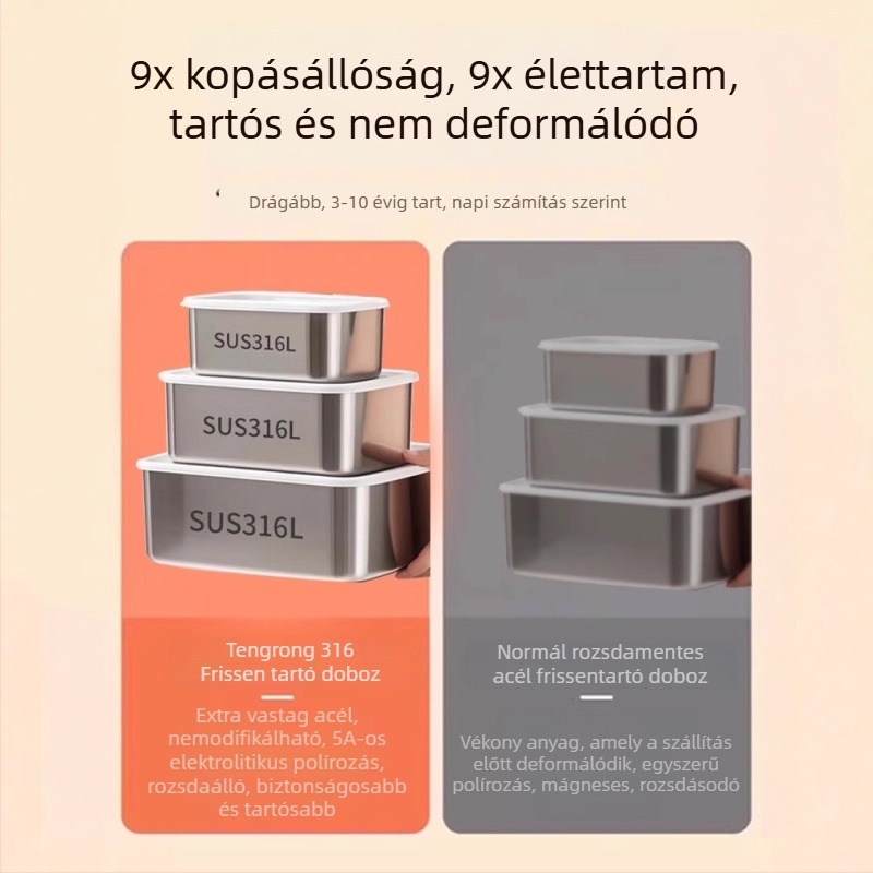 316 rozsdamentes acélból készült frissesség-doboz fedéllel, élelmiszer-minőségű