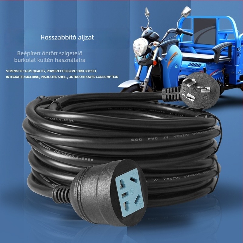 Magas teljesítményű háromdugaszos hosszabbító ötlyukú aljzattal – 10A, 100–250V AC, 2500W, PVC ház