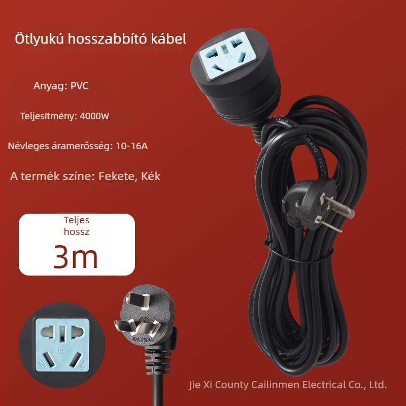 Magas teljesítményű háromdugaszos hosszabbító ötlyukú aljzattal – 10A, 100–250V AC, 2500W, PVC ház