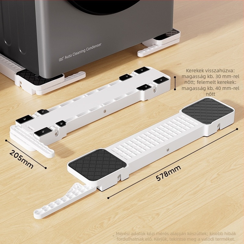 Mozgó mosógép állvány, csúszásmentes és rezgéscsillapított, vasból készült váz és gördülő kerekek