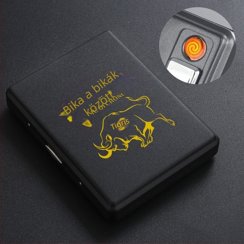 Fém cigarettás doboz beépített gyújtóval – befogad 20 cigarettát, logó nyomtatás és testreszabás elérhető; Cool Crown