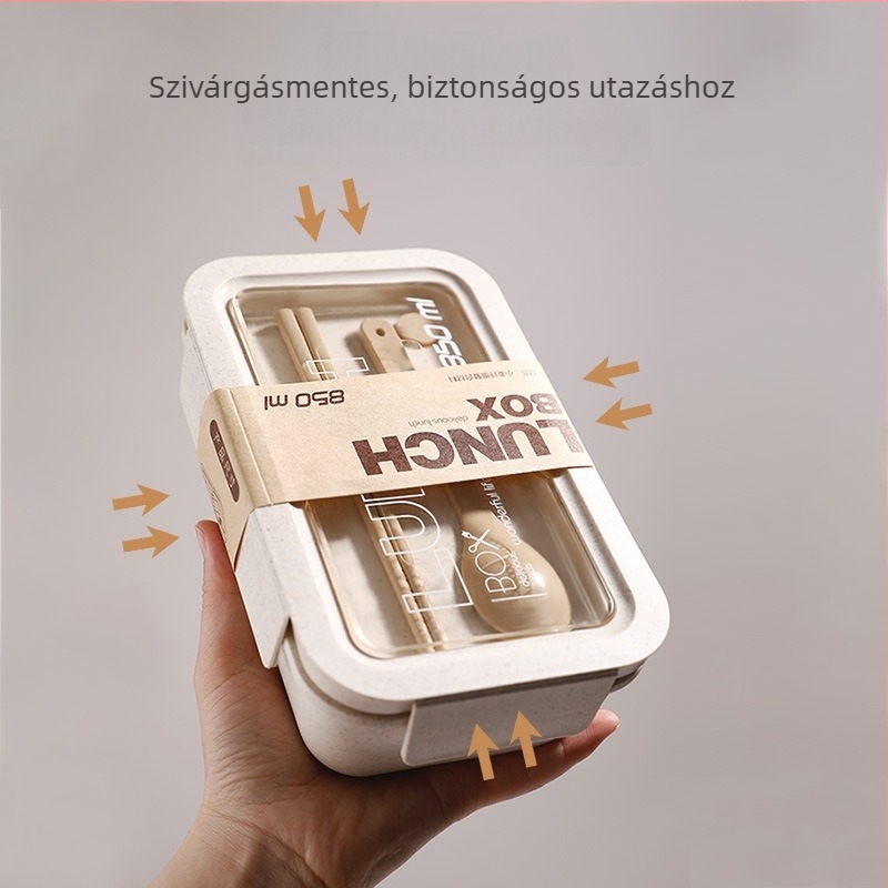 Négyszögletes műanyag ebédes doboz, mikrohullámú sütőbe is használható, kapacitás 800-1000 ml, egy réteg, japán stílusú, evőeszközökkel