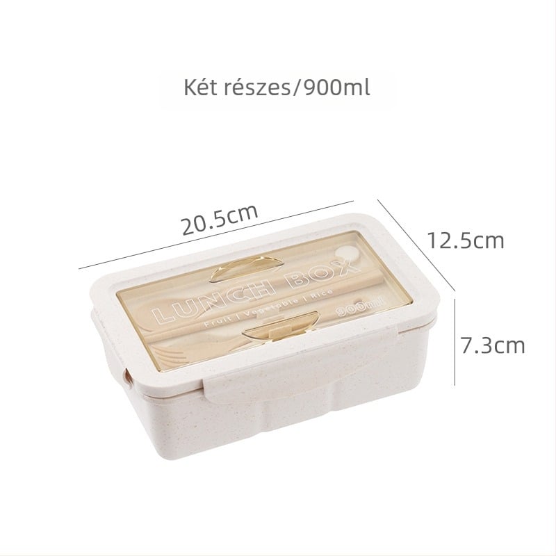Négyszögletes műanyag ebédes doboz, mikrohullámú sütőbe is használható, kapacitás 800-1000 ml, egy réteg, japán stílusú, evőeszközökkel