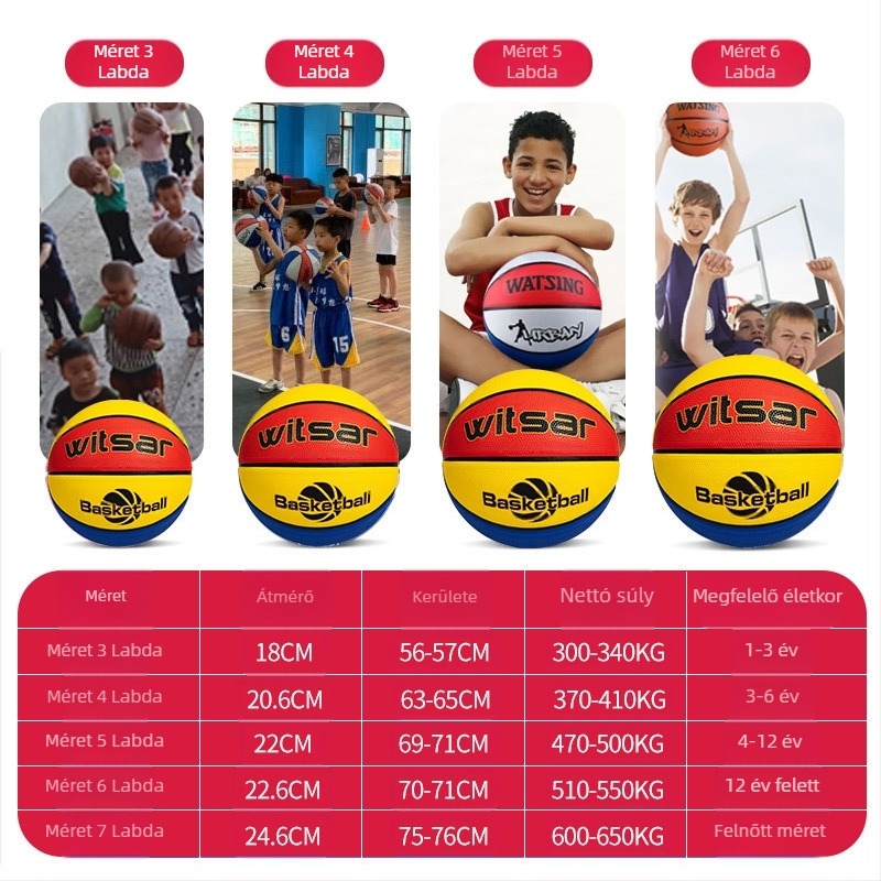Gyermekeknek szóló gumírozott kosárlabda labda nyomtatott logóval és testreszabási lehetőséggel, márka Witsar, kosárlabdázáshoz (nemzeti szabvány)