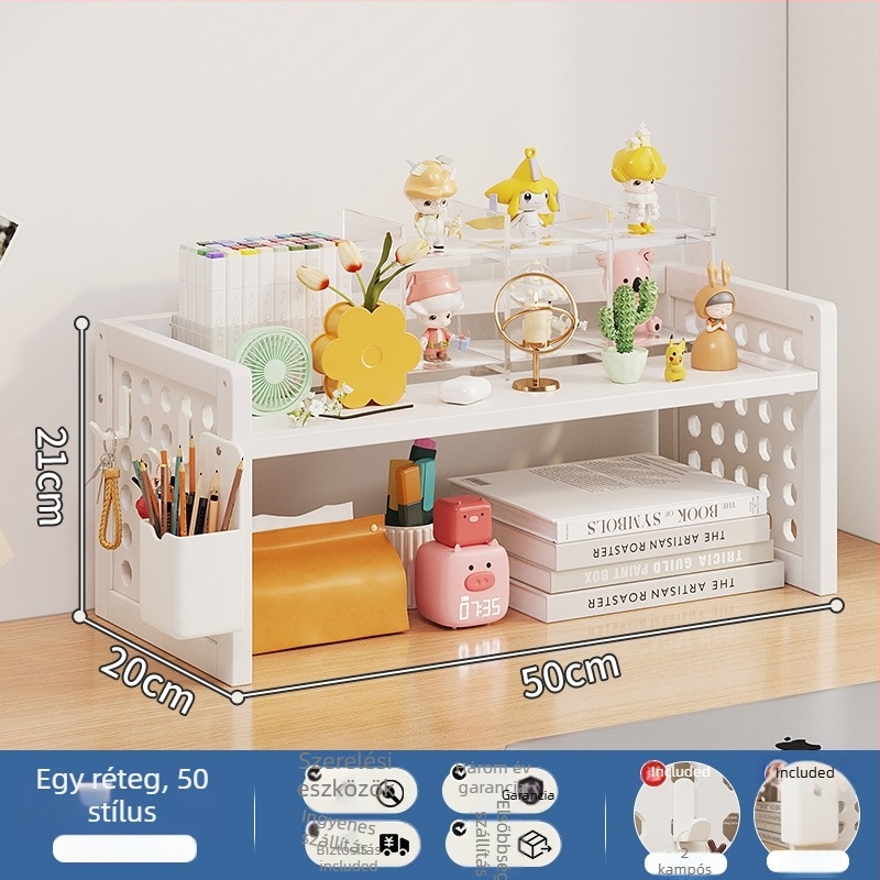 Asztali könyvespolc rétegezett kialakítással és állítható elválasztókkal, lyukas tábla rendező asztalhoz, modell 0010