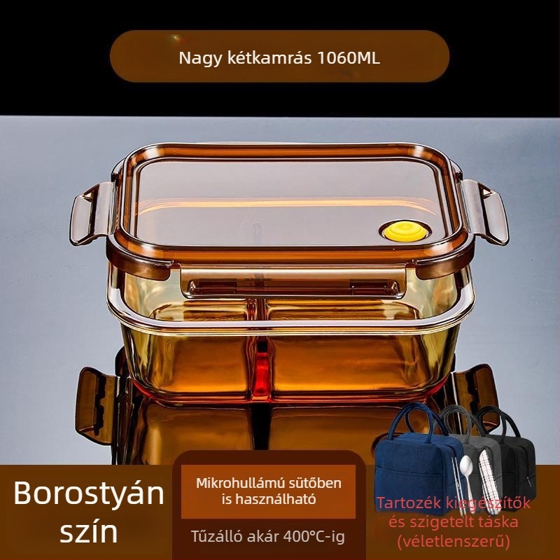 Ebédes doboz boroszilikát üvegből, mikrohullámú sütőben használható, légmentesen záródó, szigetelt, fedéllel
