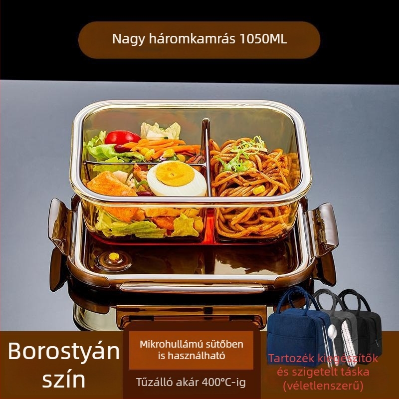 Ebédes doboz boroszilikát üvegből, mikrohullámú sütőben használható, légmentesen záródó, szigetelt, fedéllel