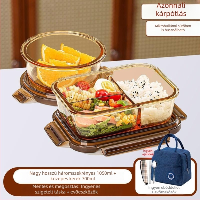 Ebédes doboz boroszilikát üvegből, mikrohullámú sütőben használható, légmentesen záródó, szigetelt, fedéllel
