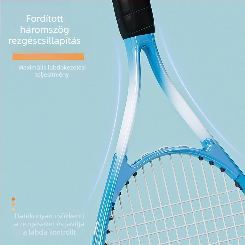 Tenisz edző rakéta – váz alumíniumötvözet; tömeg 95–100 g; fogantyú vastagsága G1; típus: egyenes ütés; huzal anyaga: nylon