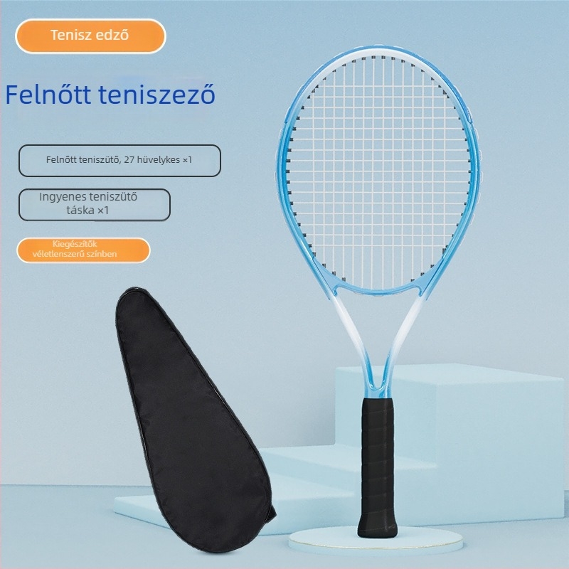 Tenisz edző rakéta – váz alumíniumötvözet; tömeg 95–100 g; fogantyú vastagsága G1; típus: egyenes ütés; huzal anyaga: nylon
