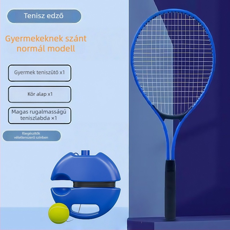 Tenisz edző rakéta – váz alumíniumötvözet; tömeg 95–100 g; fogantyú vastagsága G1; típus: egyenes ütés; huzal anyaga: nylon